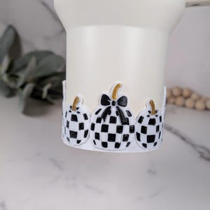 Check Pumpkins & Bows Tumbler Boot or Handle Cuff Sleeve for Tumbler Hand Painted Decor 3D Printed Protective Cover Black White Gold Fall