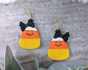 Candy Corn 3D printed Earrings, Hand painted glitter dangles, Unique Statement Earrings, Halloween Party Jewelry, Cute Trick or Treat gift