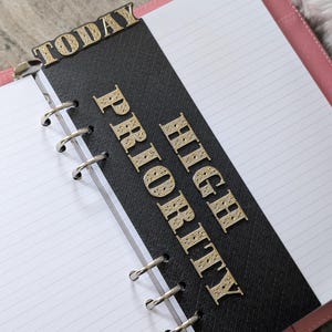 May include: A pink planner with lined paper and a black divider. The divider has gold lettering that reads "TODAY" at the top and "HIGH PRIORITY" down the side. The planner is open to a blank page.