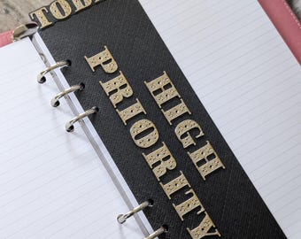 May include: A pink planner with lined paper and a black divider. The divider has gold lettering that reads "TODAY" at the top and "HIGH PRIORITY" down the side. The planner is open to a blank page.