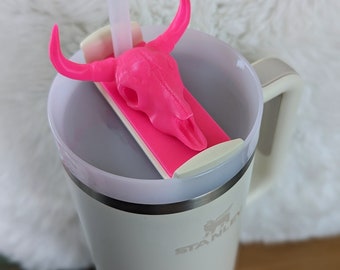 Neon Pink Western Bull Skull Stanley Tumbler Lid Topper, Stanley Topper, Stanley Accessories, 3D printed tumbler plate top, 30oz 40oz 64oz