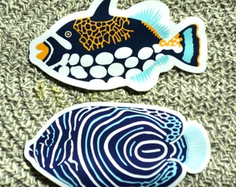 Angelfish - Triggerfish Pair Stickers, Angelfish Sticker, Triggerfish Sticker, Reef Fish Stickers