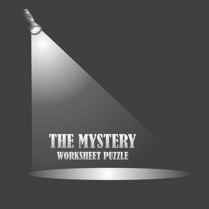 Puede incluir: Una linterna plateada situada en la esquina superior izquierda proyecta un haz de luz blanca triangular hacia abajo sobre un fondo gris oscuro, iluminando el texto blanco THE MYSTERY WORKSHEET PUZZLE centrado en la luz.