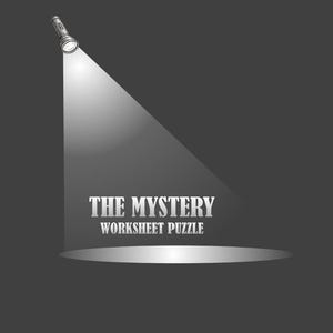 May include: A silver torch positioned in the upper left corner casts a bright, triangular beam of white light downwards onto a dark grey background, illuminating the white text THE MYSTERY WORKSHEET PUZZLE centred in the light.