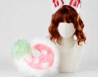Set di orecchie e coda da cane a forma di fragola – Costume canino peloso fatto a mano per convention di cosplay, orecchie e coda Kawaii Kemonomimi, equipaggiamento Therian