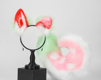 Conjunto de orejas y cola de perro de fresa – Disfraz canino peludo hecho a mano para convenciones de cosplay, orejas y cola Kawaii Kemonomimi, equipo Therian