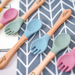 Personalized Baby Spoon Fork Set Silicone, Custom Name Baby Utensils, Engraved Baby Feeding Set, First Utensils Keepsake Gift, Parent Helper