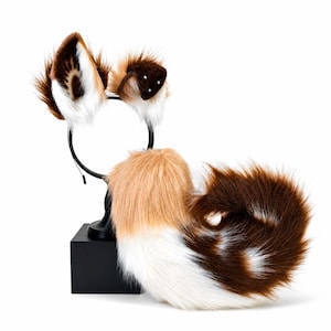 Coffee Strawberry Dog Ears & Tail Set – Handmade Furry Canine Costume for Cosplay Convention, Kawaii Kemonomimi ears and tail, Therian gear