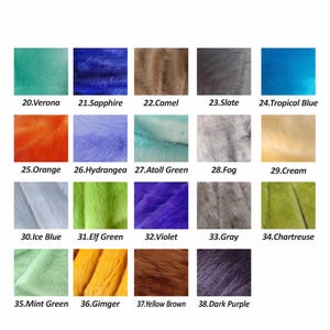 May include: A color chart displaying nineteen swatches of faux fur fabric, each labeled with a number and name: 20.Verona, 21.Sapphire, 22.Camel, 23.Slate, 24.Tropical Blue, 25.Orange, 26.Hydrangea, 27.Atoll Green, 28.Fog, 29.Cream, 30.Ice Blue, 31.Elf Green, 32.Violet, 33.Gray, 34.Chartreuse, 35.Mint Green, 36.Gimger, 37.Yellow Brown, and 38.Dark Purple.