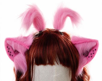 Roze buitenaardse kattenoortjes, oorclips van imitatiebont, kemonomimi, kawaii cosplay-accessoire, orenhoofd voor conventies, onderdelen voor een kemono-fursuit, pet play