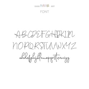 Puede incluir: Una muestra de fuente manuscrita en negro, con letras may&uacute;sculas y min&uacute;sculas sobre un fondo blanco. Las palabras "DEAR NAME ART" y "FONT" est&aacute;n en la parte superior.