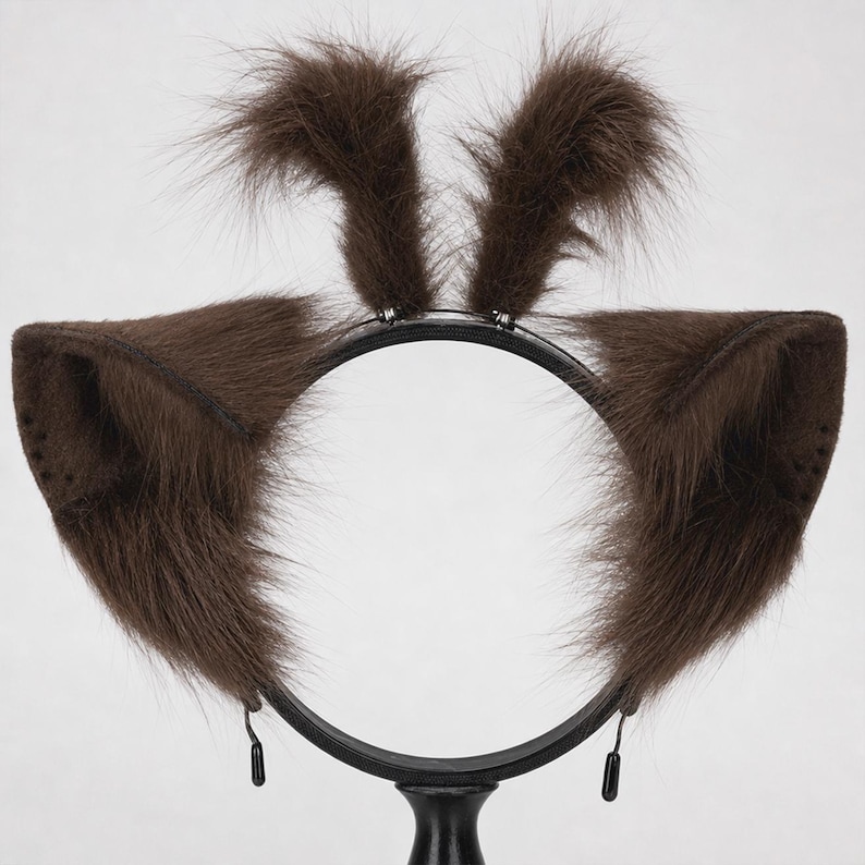 May include: A black headband featuring two large, triangular, dark brown faux fur animal ears attached to the sides and two smaller, upright, tufted brown faux fur accents positioned at the top center of the thin, circular frame.