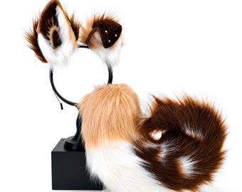 Brown Strawberry Dog Ears & Tail Set – Handmade Furry Canine Costume for Cosplay Convention, Kawaii Kemonomimi ears and tail, Therian gear