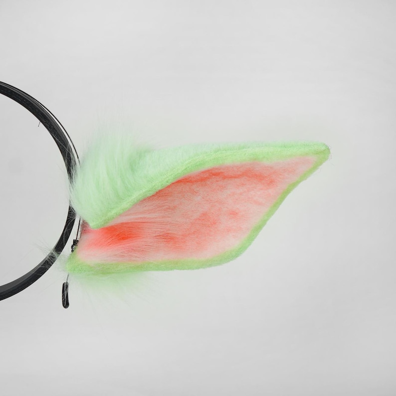 May include: A pair of plush, light green and pink cat ears attached to a black headband. The ears have a fluffy texture and a contrasting pink interior. The headband is black and circular.