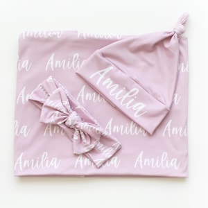 Personalized Swaddle Blanket | Custom Baby Name Blanket Set | Newborn Photo Prop Hat & Bow | Hospital Gift-1