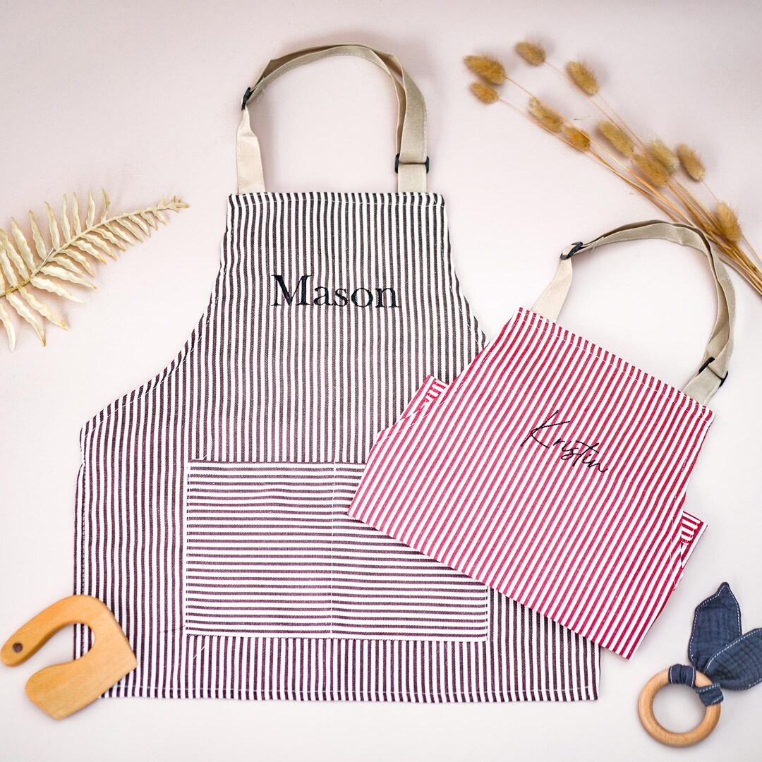 Kinderschürzen Set – 2 Gestreifte Kochschürzen Aus Canvas – Mit Verstellbaren Bändern – Beige & Schwarz – Für Backen & Basteln