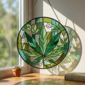 Cannabisblad glas-in-lood zonnevanger, groen blad rond raam hangend decor, Boho Sun Catcher cadeau voor cannabisgemeenschap