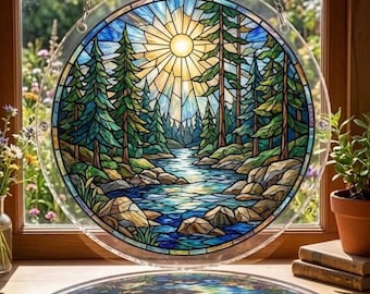 Wald Fluss Suncatcher Puzzle DIY Kit, Acrylpuzzle Stück Suncatcher Fenster hängen, Buntglas Stil Landschaft, Wald Dekor Geschenk