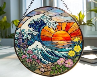 Attrape-soleil en vitrail lever du soleil vague océanique, décoration suspendue de fenêtre ronde sur la plage côtière, cadeau attrape-soleil de mer pour les amoureux de l'océan