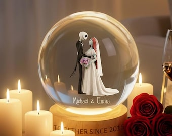 Jack and Sally Crystal Ball LED Light, Personalized Disney Couple Gift, Custom Wedding Anniversary Keepsake, Together Since Night Light