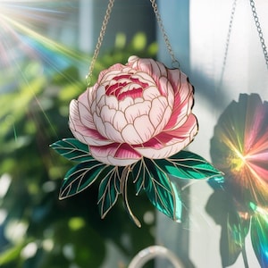 Peony Faux Stained Glass Suncatcher, Floral Window Hanging Decor, Pink Flower Window Art, Botanical Home Decoration, Garden Lover Gift