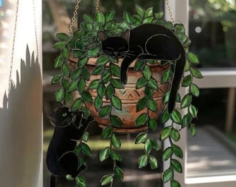 Enfeite de janela com gato preto e lua, decoração em acrílico com planta de hera, arte aconchegante e mística para casa, presente para amantes de gatos.