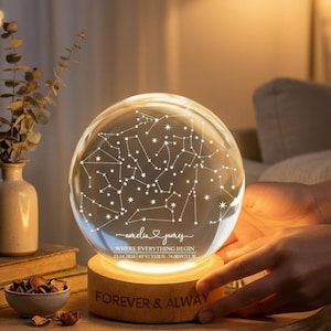May include: A glowing glass sphere with a constellation design, resting on a wooden base. The base is engraved with "FOREVER & ALWAYS". The sphere is lit from within, and the text "WHERE EVERYTHING BEGIN" is visible.