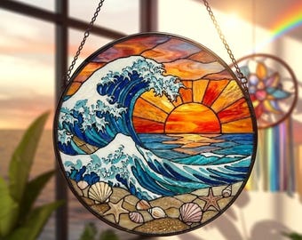 Attrape-soleil en vitrail lever du soleil vague océan, décoration suspendue de fenêtre de plage de coquillages, cadeau attrape-soleil côtier pour les amoureux de l'océan