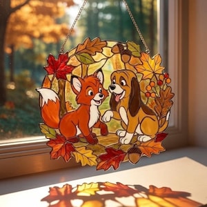Fox and the Hound Acrylic Suncatcher Window Hanging, Tod and Copper Window Decor, Autumn Forest Disney Sun Catcher Gift