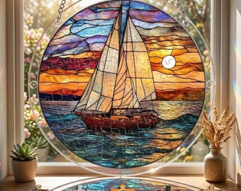 Segelboot-Sonnenuntergang-Acrylpuzzle Suncatcher Fensterbehang, DIY Suncatcher Puzzle Kit, Glasmalerei-Art-Ozean-Kunst, Küstengeschenk für Ihn Sie