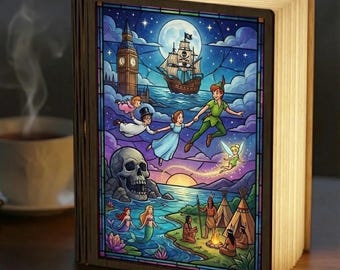 Peter Pan Book Lamp, Neverland Adventure Stained Glass Lamp, Peter Wendy Flying Scene, LED Foldable Book Light, Disney Night Light