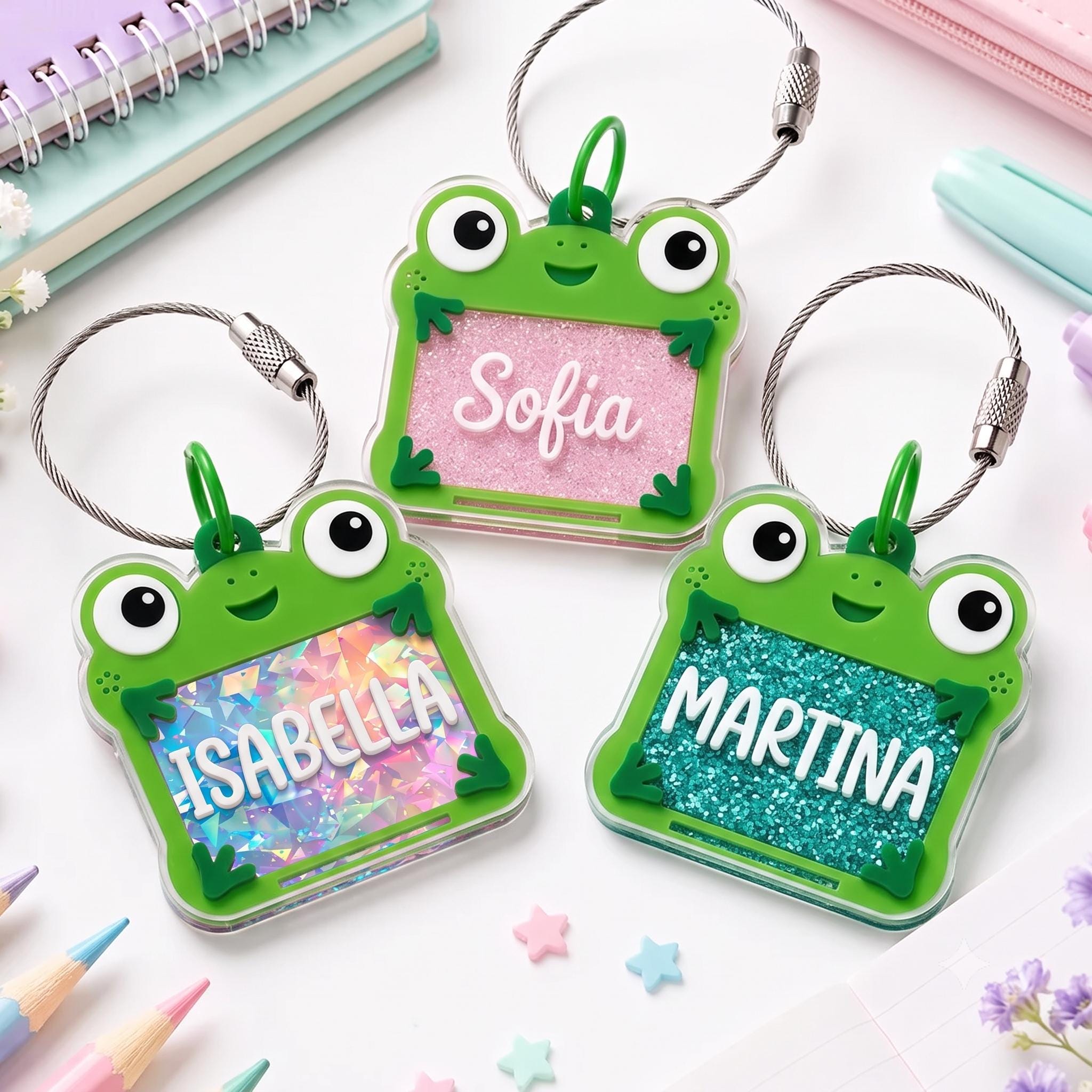 Personalized Acrylic Toy Story Lilypad Frog Keychain, Custom Backpack Name Tag, Green Acrylic School Luggage Tag, Kids Backpack Tag