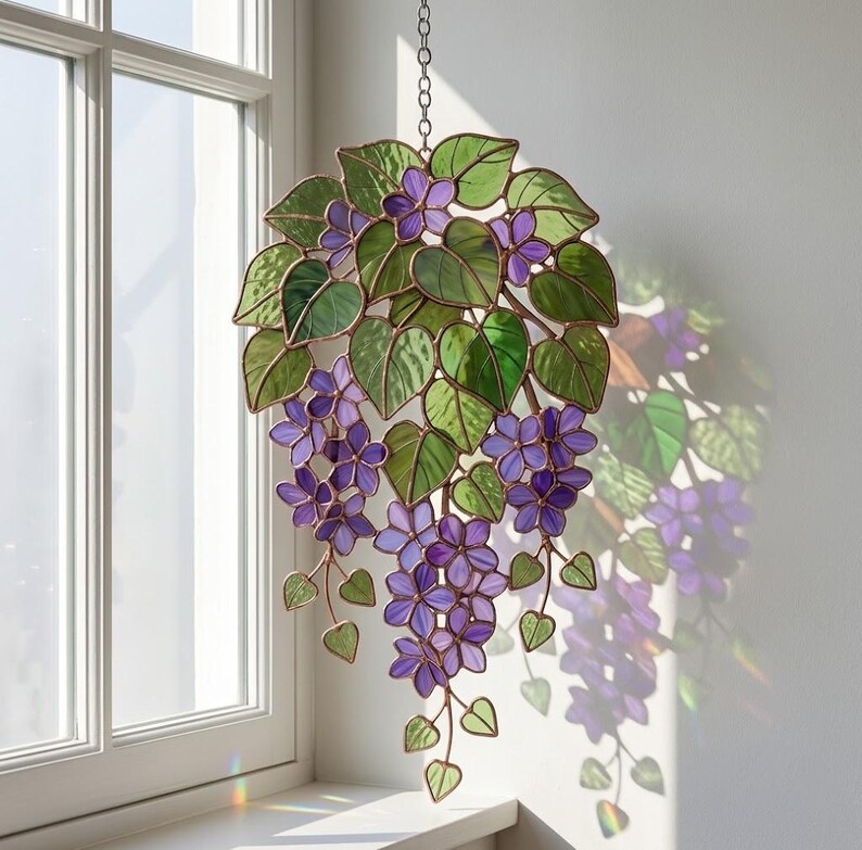 Pu&ograve; includere: Opera d'arte floreale in vetro colorato con fiori viola e foglie verdi. L'arte decorativa sospesa &egrave; sospesa da una catena ed &egrave; esposta davanti a una finestra. Il pezzo ha un bordo color rame.