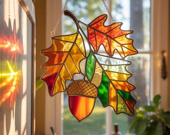 Acchiappasole in acrilico con foglie autunnali e ghiande, acchiappasole con foglie di quercia, decorazione per finestre con ghiande, ornamento con foglie autunnali, acchiappasole autunnale