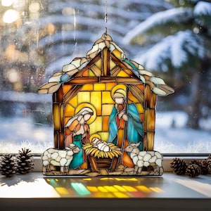 Krippen-Sonnenfänger, Acryl-Weihnachts-Sonnenfänger, Fensterdekoration der Heiligen Familie, Christliche Feiertagsverzierung, handgemachtes religiöses Geschenk