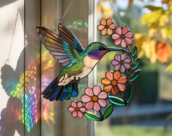 Hummingbird Window Hanging Suncatcher, Acrylic Suncatcher Hummingbirds and Flowers, Perfect Gift for Women and Elegant Home Wall Decor