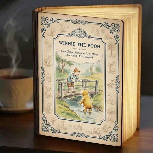 Winnie the Pooh Classic Book Cover Lamp, Vintage Storybook LED Light, Christopher Robin Foldable Book Lamp, Disney Nursery Decor