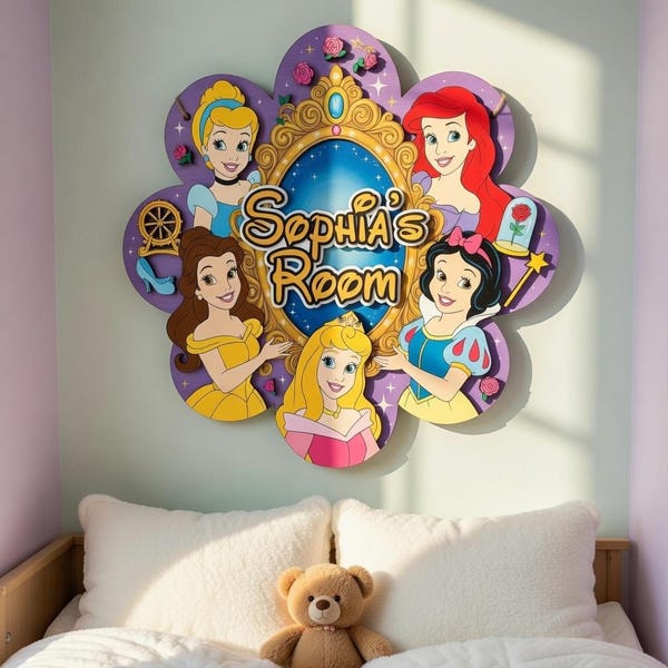 Gepersonaliseerd bord prinses kamer, aangepaste naam Disney deurhanger, kinderkamerdecor, Disney welkomstbord kinderkamercadeau