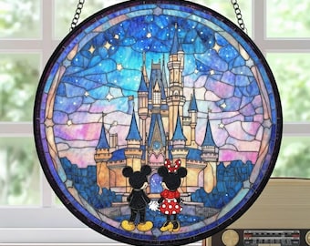 Łapacz słońca z witrażem Myszki Miki i Myszki Minnie, dekoracja okienna dla pary Disneya, romantyczna dekoracja z myszką, prezent na rocznicę w postaci łapacza słońca