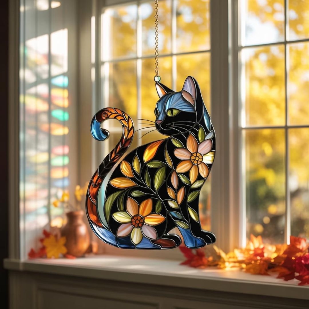 Blackcat Acrylic Stained Glass Suncatcher, Floral Cat Window Hanging ...