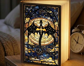 Fourth Wing Book Lamp, Dragon Rider Fantasy Scene, Empyrean Stained Glass Style, LED Foldable Book Light, Dark Fantasy Night Light