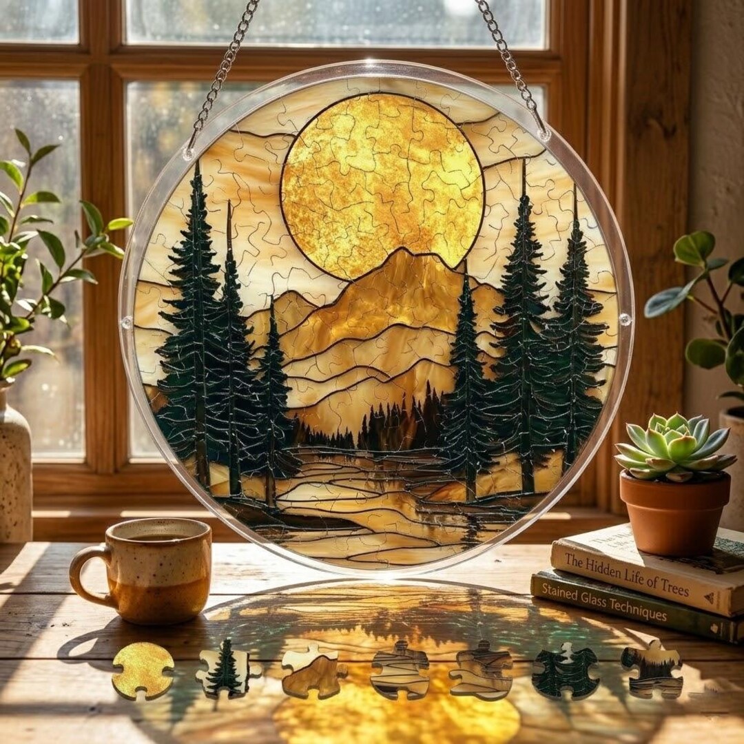 Acrylic Puzzle Suncatcher Mountain Sunset Scene, DIY Window