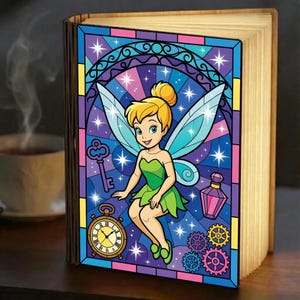 Tinker Bell Book Lamp Stained Glass Style  Disney Light, Fairy LED Book Lamp, Foldable Book Lamp, Disney Night Light