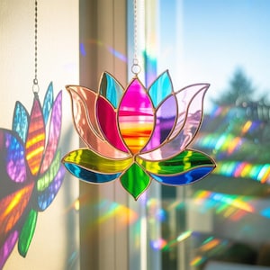 Lotus Stained Glass Suncatcher, Window Hanging Décor, Spiritual Lotus Gift, Spiritual Hanging Ornament, Boho Yoga Meditation Gift