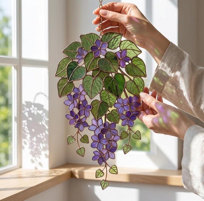 Acchiappasole in acrilico viola, fiore di nascita di febbraio da appendere alla finestra, decorazione acchiappasole con fiori viola, regalo floreale per lei, decorazione botanica per la casa immagine 5