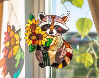Colorful Raccoon Sunflower Ornament, Raccoon Acrylic Suncatcher, Raccoon Window Hanging, Chritmas Racoon Suncatcher, Cute Raccoon Suncatcher