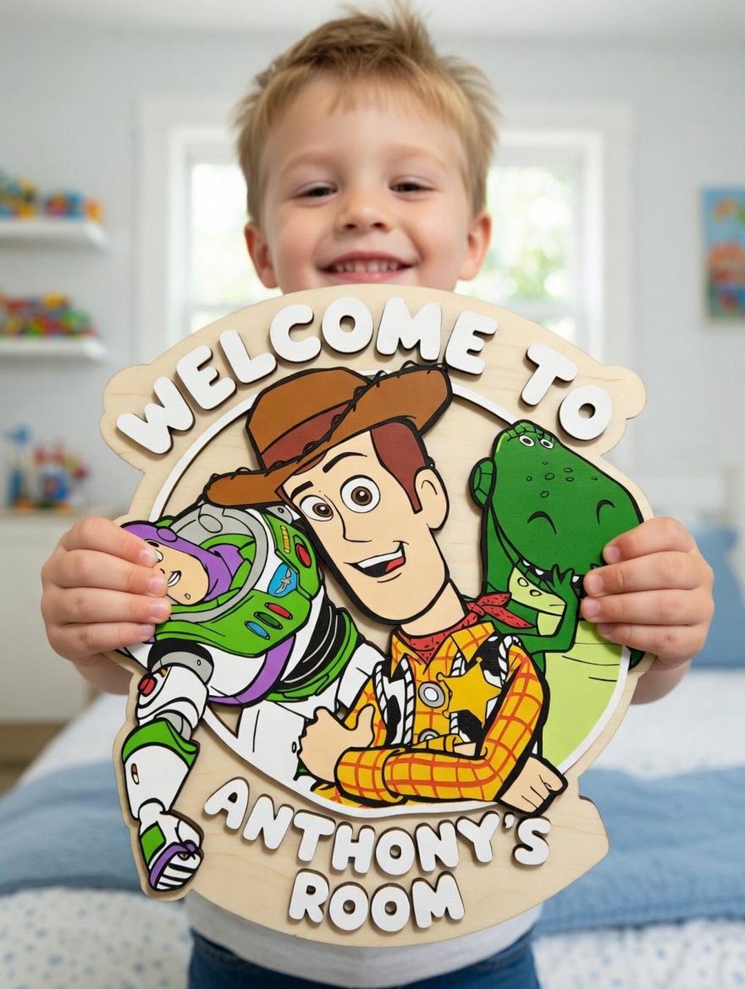 Personalized Toy Story Kids Name Plaque, Woody Buzz Rex Room Decor ...
