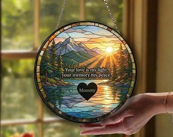 Custom Memorial Stained Glass Suncatcher, Mountain Sunset Remembrance Window Hanging, In Memory Gift for Loss