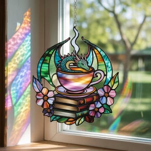 Dragon and Book Tea Suncatcher Window Hanging, Fantasy Reader Ornament, Perfect Literary Gift for Book Lovers and Readers