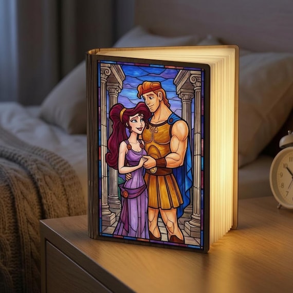 Custom Hercules Book Lamp, Hercules Megara Couple Gift, Disney Greek Myth Stained Glass Style, Romantic Night Light, Gift For Her